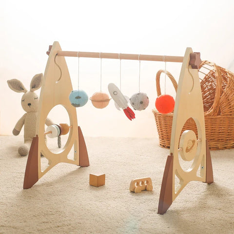 Rocket-Themed Baby Gym with Wooden Rattle Toys Teeny Pandas