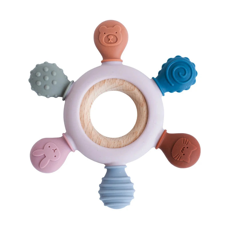 Rudder-Shaped Silicone Baby Teether with Removable Wooden Ring Teeny Pandas