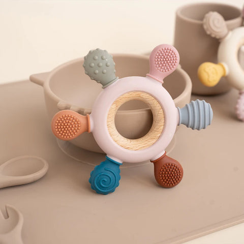 Rudder-Shaped Silicone Baby Teether with Removable Wooden Ring Teeny Pandas