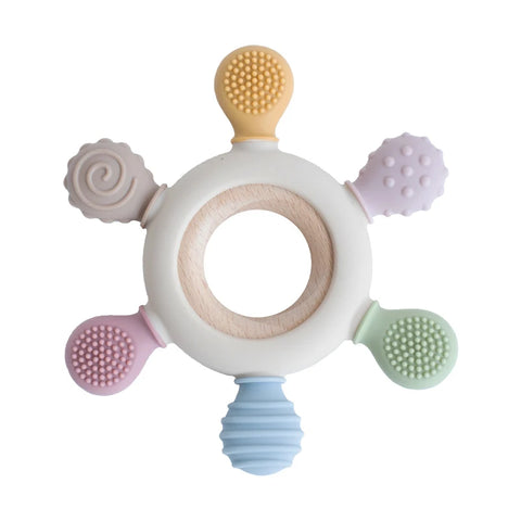 Rudder-Shaped Silicone Baby Teether with Removable Wooden Ring Teeny Pandas