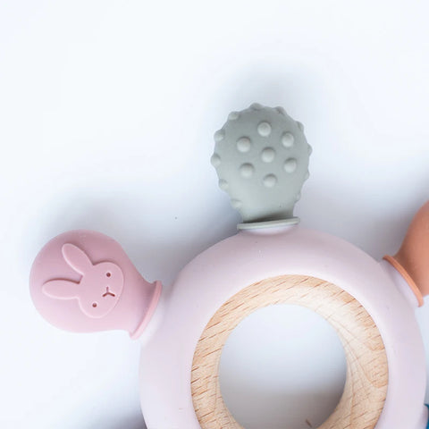 Rudder-Shaped Silicone Baby Teether with Removable Wooden Ring Teeny Pandas