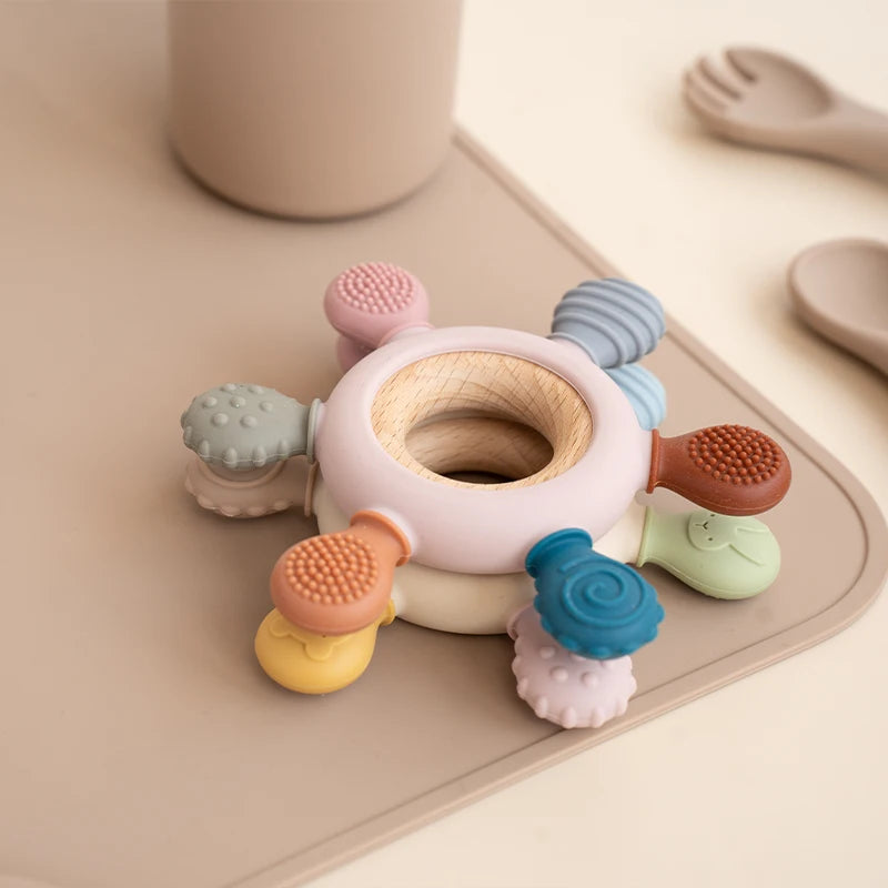 Rudder-Shaped Silicone Baby Teether with Removable Wooden Ring Teeny Pandas