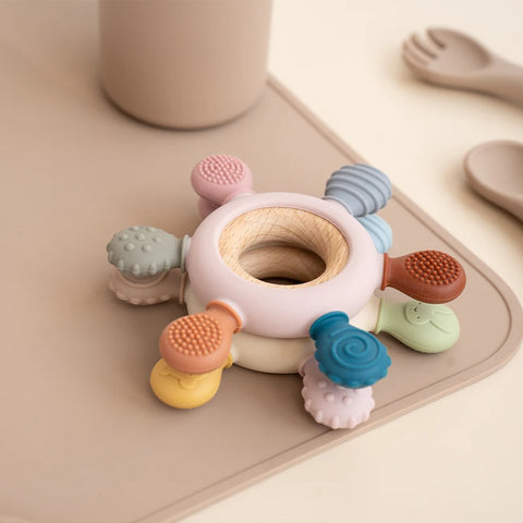 Rudder-Shaped Silicone Baby Teether with Removable Wooden Ring Teeny Pandas