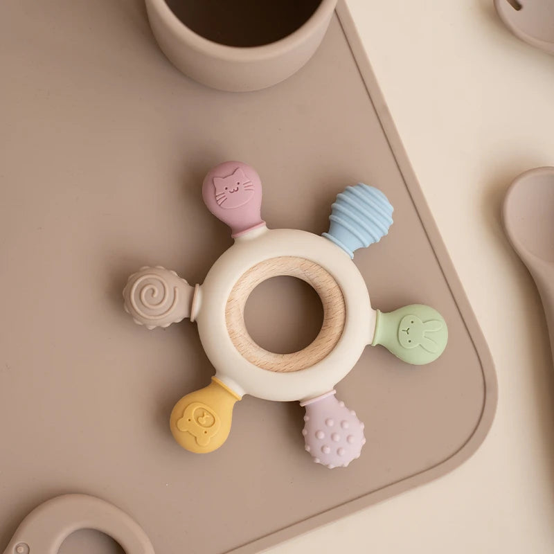 Rudder-Shaped Silicone Baby Teether with Removable Wooden Ring Teeny Pandas