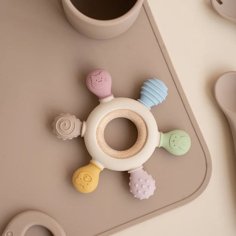 Rudder-Shaped Silicone Baby Teether with Removable Wooden Ring Teeny Pandas