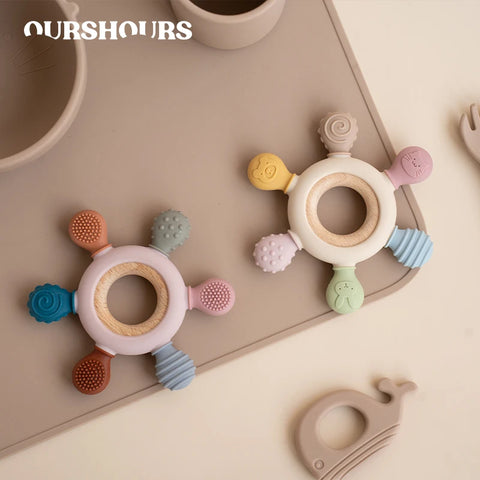 Rudder-Shaped Silicone Baby Teether with Removable Wooden Ring Teeny Pandas