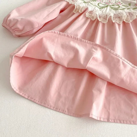 Girls Embroidery Floral Long Sleeve Dress - Spring Party Lace Dress