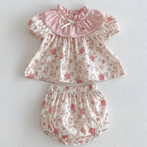 Newborn Baby Girl Matching Retro Floral Lace Dress Set