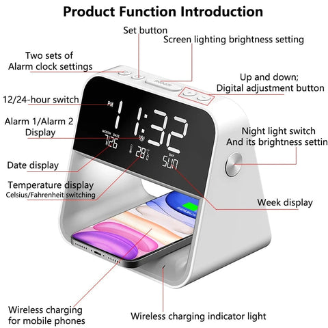 Bedroom Bedside Lamp Clock with Wireless Charging & Snooze Function