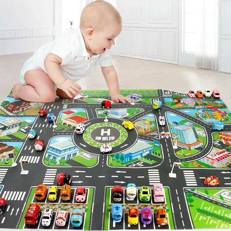 Traffic Playmat with Roads, Parking, and Cityscape Design for Kids Teeny Pandas