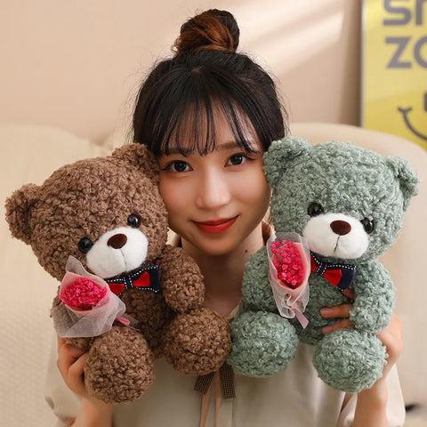 Kawaii Teddy Bear with Bouquet Plush Toy – Soft Stuffed Bow Tie Bear