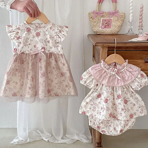 Newborn Baby Girl Matching Retro Floral Lace Dress Set