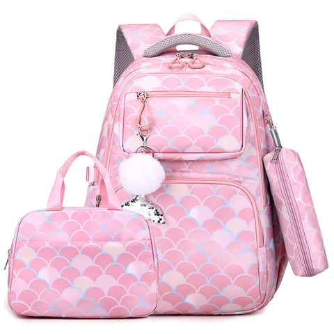 Fish Scale Print Mermaid Backpack Set for Girls – Waterproof School Bag with Pendant