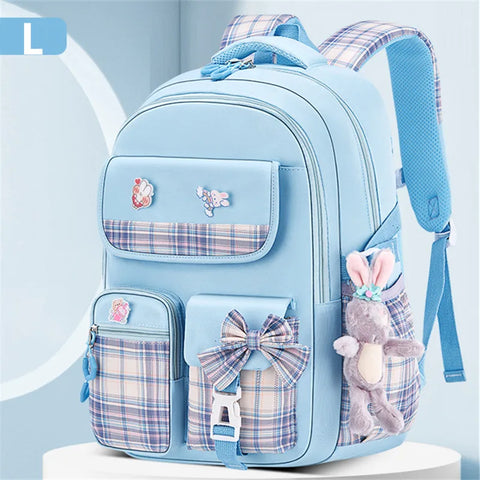 Kawaii Rabbit Pendant Waterproof School Backpack for Girls – Cute Bow Knot Design for Kids