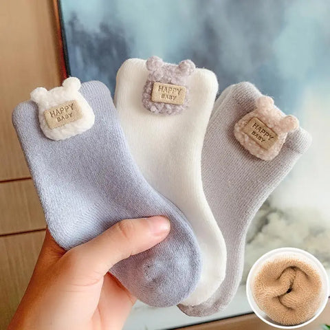 Three Pairs Warm Winter Baby Socks - With Cute Cartoon Design
