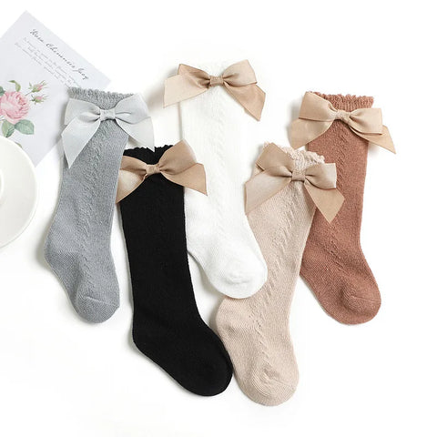 Kids Knee High Socks - Breathable Cotton Mesh Socks with Bow