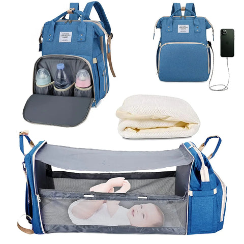 3-in-1 Waterproof Nappy Bag Backpack with Foldable Baby Bed and USB Charging