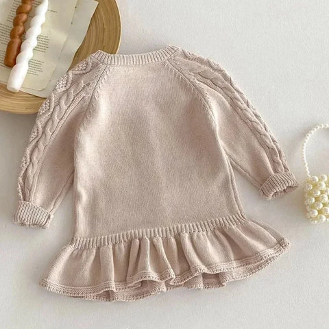 Girls' Sweater Long Sleeve Dress – Retro Ruffle Edge Knitted Wool Dress