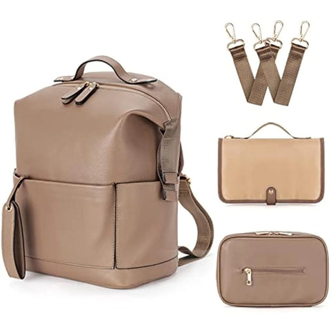 7-in-1 Baby Nappy Bag - Solid PU Leather Maternity Backpack with Changing Pad