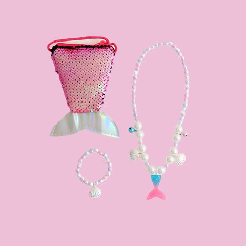 Cute Pearl Bracelet, Necklace, and Fishtail Crossbody Bag Set for Girls