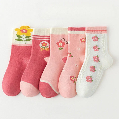 Five Pairs Kids Love Heart Flower Print Cotton Socks