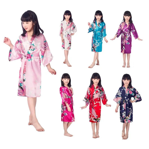 Kids Satin Floral Kimono Robe – Flower Girl Peacock Bathrobe