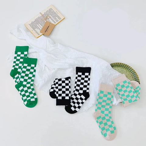 3 Pairs Kids' Breathable Cotton Checkerboard Socks