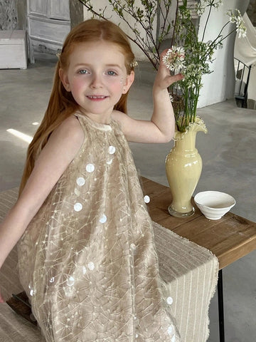 Summer Girl’s Golden Sleeveless A-line Sequin Dress – Spanish Style with Bow