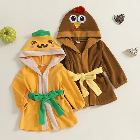 Kids Halloween Bathrobe with Belt – Cartoon Pumpkin/Chick Print Hooded Plush Robe!