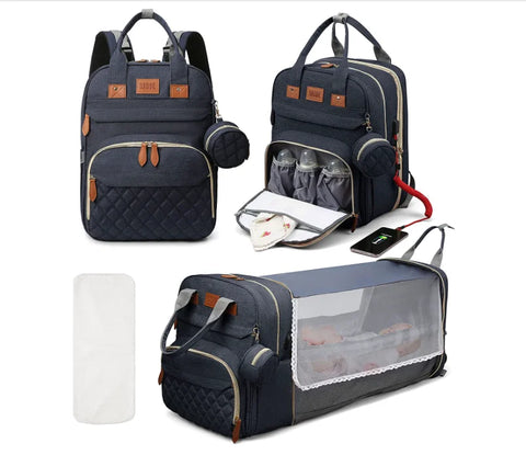 3-in-1 Waterproof Nappy Bag Backpack with Foldable Baby Bed and USB Charging