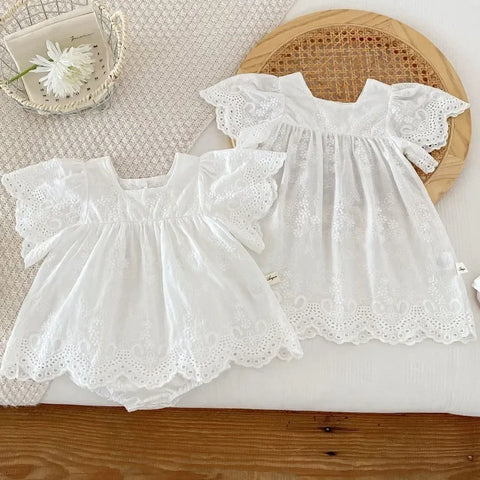 White Dress & Newborn Baby Lace Embroidery Rompers – Sisters Summer Clothes