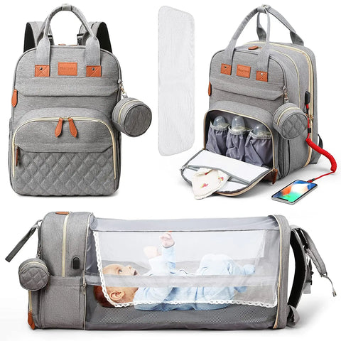 3-in-1 Waterproof Nappy Bag Backpack with Foldable Baby Bed and USB Charging