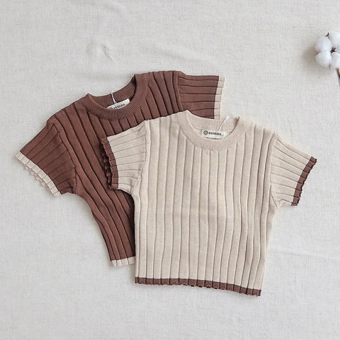 Summer Autumn Baby Girls Knitted Clothing Set – Short Sleeved Pullover Tops + Shorts