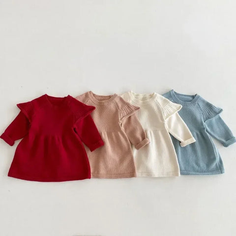 Girls Ruffle Knitted Wool Long Sleeve Dress - Autumn Sweater Dress