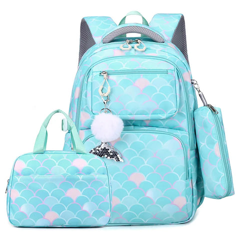 Fish Scale Print Mermaid Backpack Set for Girls – Waterproof School Bag with Pendant