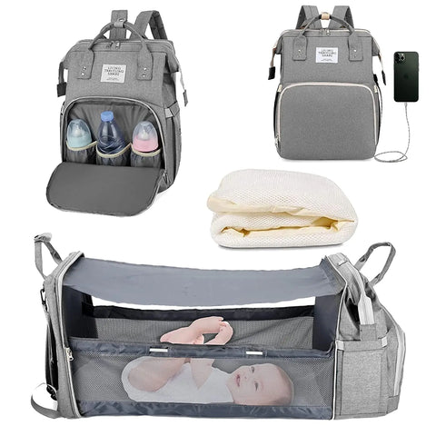 3-in-1 Waterproof Nappy Bag Backpack with Foldable Baby Bed and USB Charging