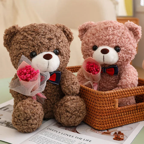 Kawaii Teddy Bear with Bouquet Plush Toy – Soft Stuffed Bow Tie Bear