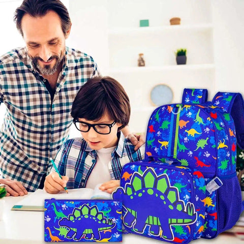 3PCS Dinosaur Backpack Set for Boys – Kids Bookbag with Lunch Box, Pencil Bag & Dinosaur Toy