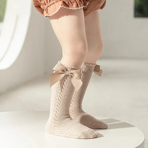 Kids Knee High Socks - Breathable Cotton Mesh Socks with Bow