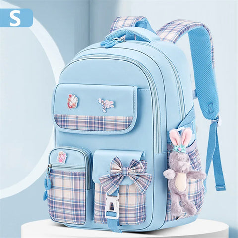 Kawaii Rabbit Pendant Waterproof School Backpack for Girls – Cute Bow Knot Design for Kids