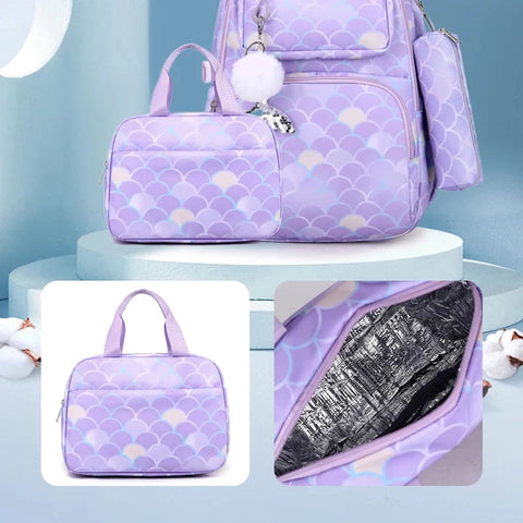 Fish Scale Print Mermaid Backpack Set for Girls – Waterproof School Bag with Pendant