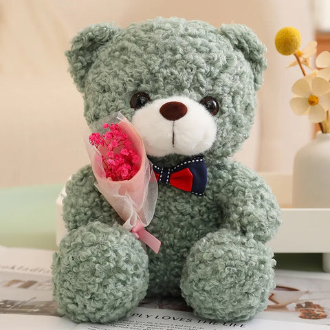 Kawaii Teddy Bear with Bouquet Plush Toy – Soft Stuffed Bow Tie Bear