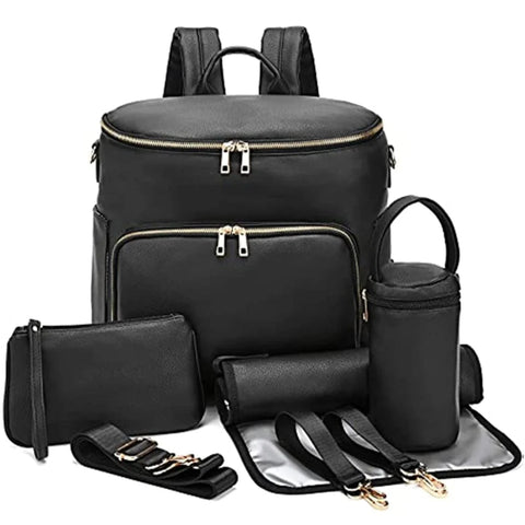 7-in-1 Baby Nappy Bag - Solid PU Leather Maternity Backpack with Changing Pad