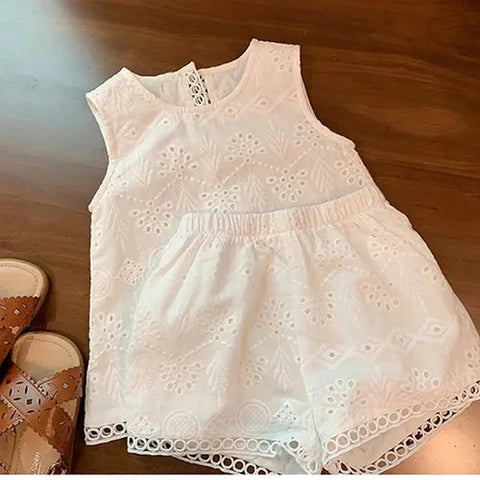 Sleeveless Cotton Embroidered Vest and Shorts Set for Girls