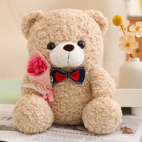 Kawaii Teddy Bear with Bouquet Plush Toy – Soft Stuffed Bow Tie Bear