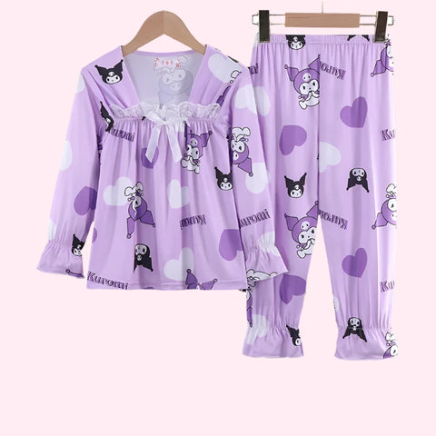 Cute Girls Pajama Set with Bow Lace Decoration – Comfortable & Trendy Nightwear
