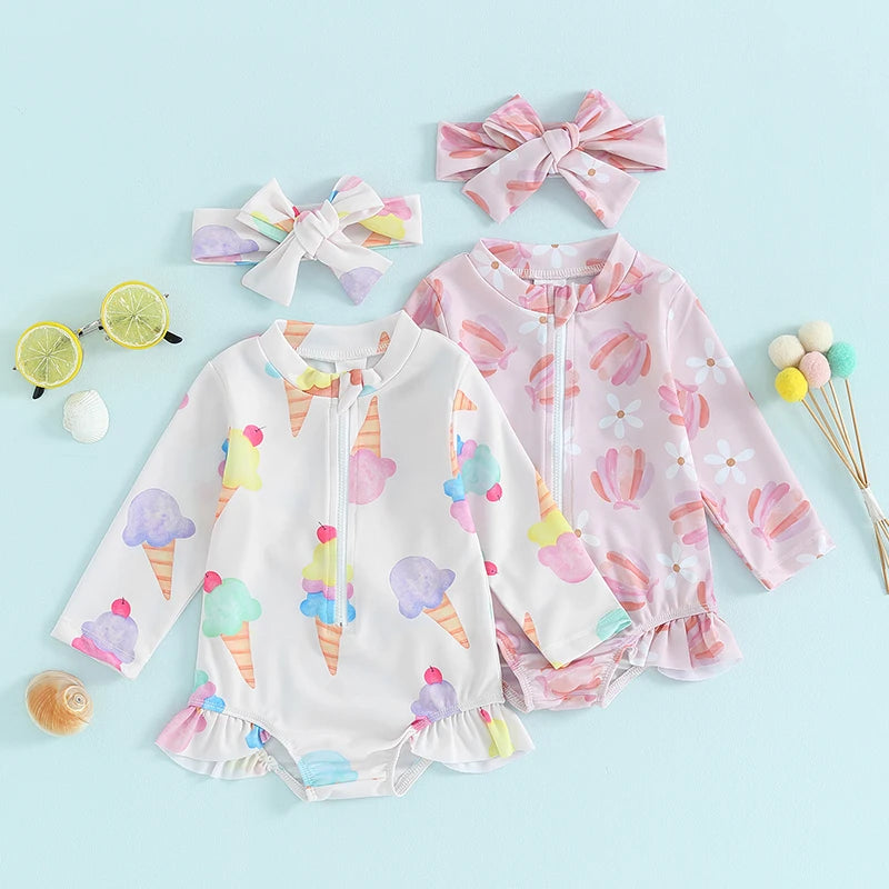 Girls Long-Sleeve Swimsuit with Headband – UPF Protection for All-Day Play Teeny Pandas