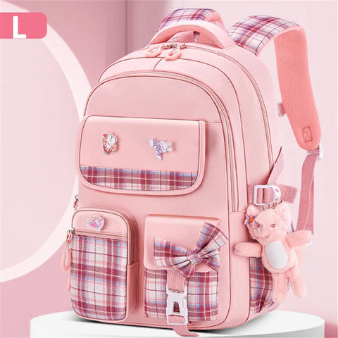Kawaii Rabbit Pendant Waterproof School Backpack for Girls – Cute Bow Knot Design for Kids