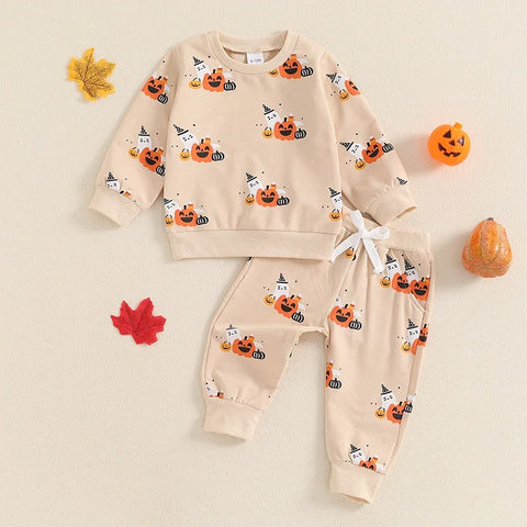Baby Boy Halloween Clothing Set – Toddler Ghost/Pumpkin Print Sweatshirt and Elastic Waist Pants