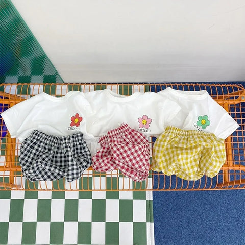 Summer Children Clothing Short Sleeve T-shirt & Plaid Shorts 2-Piece Set